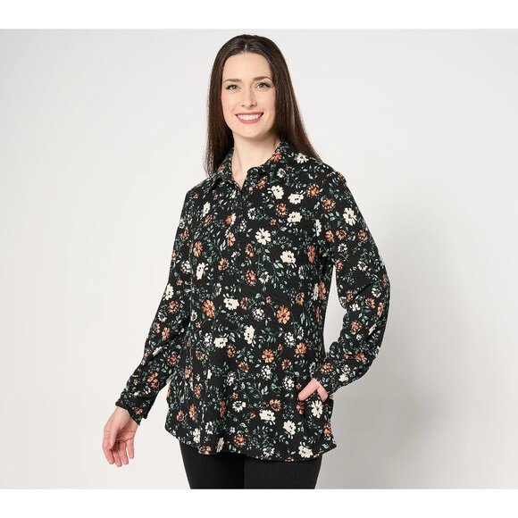 Denim and Co Regular Heavenly Jersey Swing Top Tunic Size Large Black Floral - Picture 1 of 7